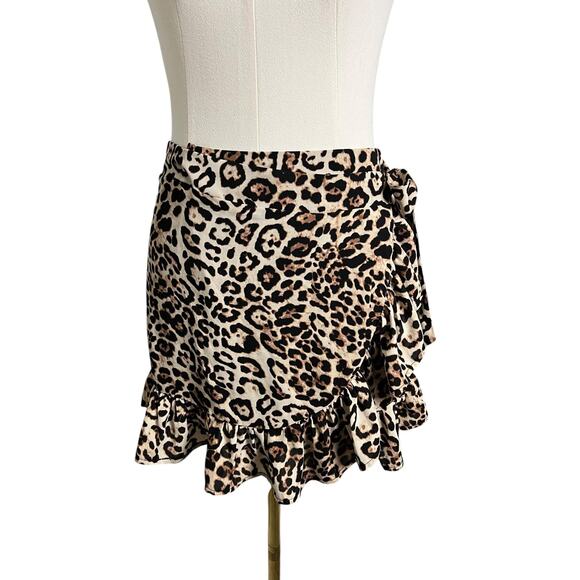 Forever 21 Dresses & Skirts - Forever 21 Wrap Mini Skirt Womens Small Brown Leopard Ruffle Hem Tie Boho Summer